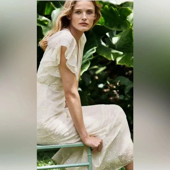 Tory Burch Susanna Daisy Print Flutter Sleeve Sheer Midi Dress Sz 8 - Picture 4 of 16